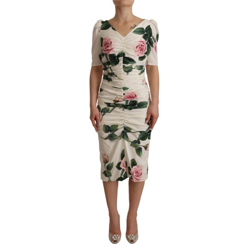 Dolce & Gabbana White Roses Print Stretch Silk Pleated Dress DR28258 IT38