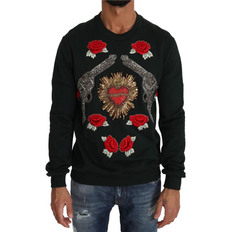 Dolce & Gabbana Green Crystal Heart Roses Gun Sweater TSH2519-44 8057001109432 IT46