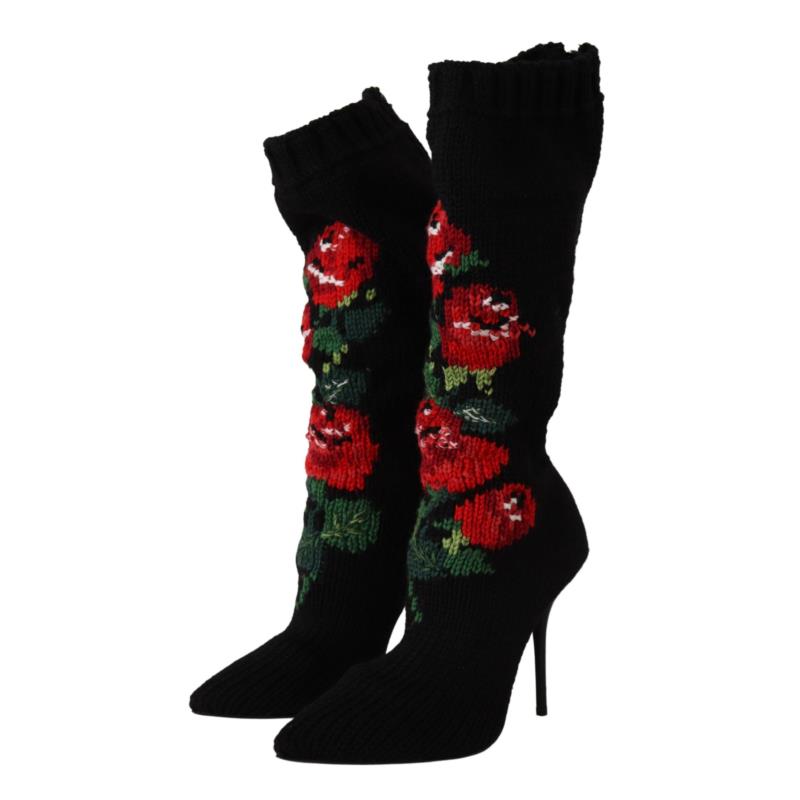 Dolce & Gabbana Black Stretch Socks Red Roses Booties Shoes EU39/US8.5