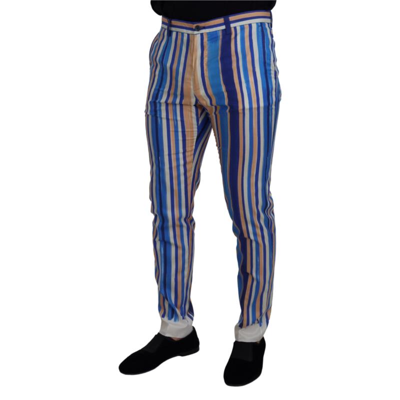 Dolce & Gabbana Blue Striped Silk Cotton Slim Trousers Pants IT46