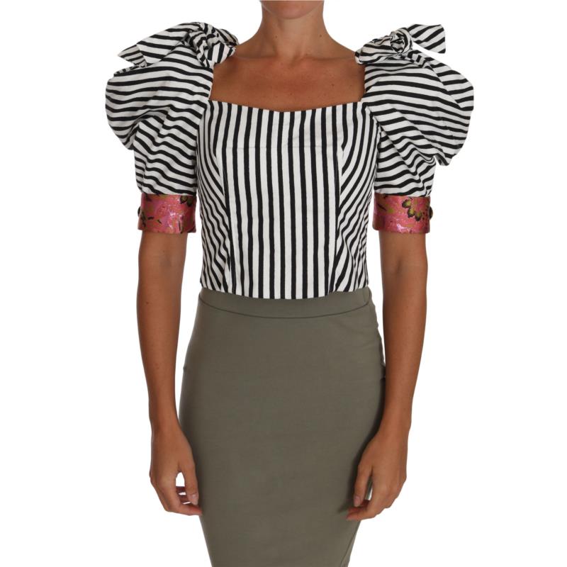 Dolce & Gabbana White Black Striped Cropped Top Puff Sleeve Shirts IT36