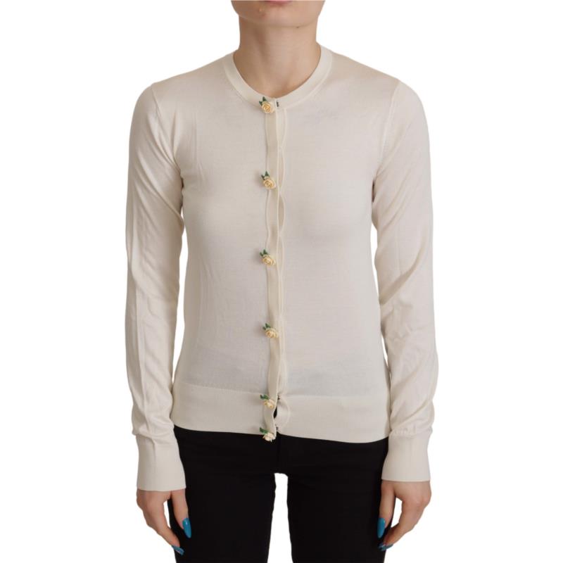 Dolce & Gabbana White Silk Knit Rose Button Cardigan Sweater IT44