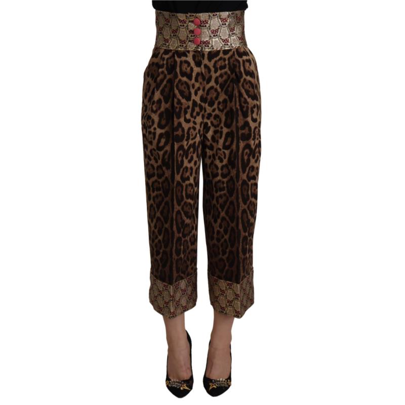 Dolce & Gabbana Brown Leopard Gold Jacquard High Waist Pants IT38