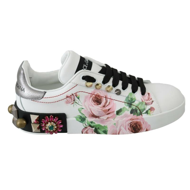 Dolce & Gabbana White Leather Crystal Roses Floral Sneakers Shoes EU35/US4.5