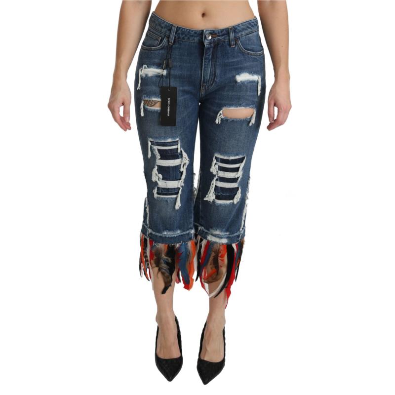Dolce & Gabbana Blue Feathers Low Waist Cropped Cotton Jeans IT36