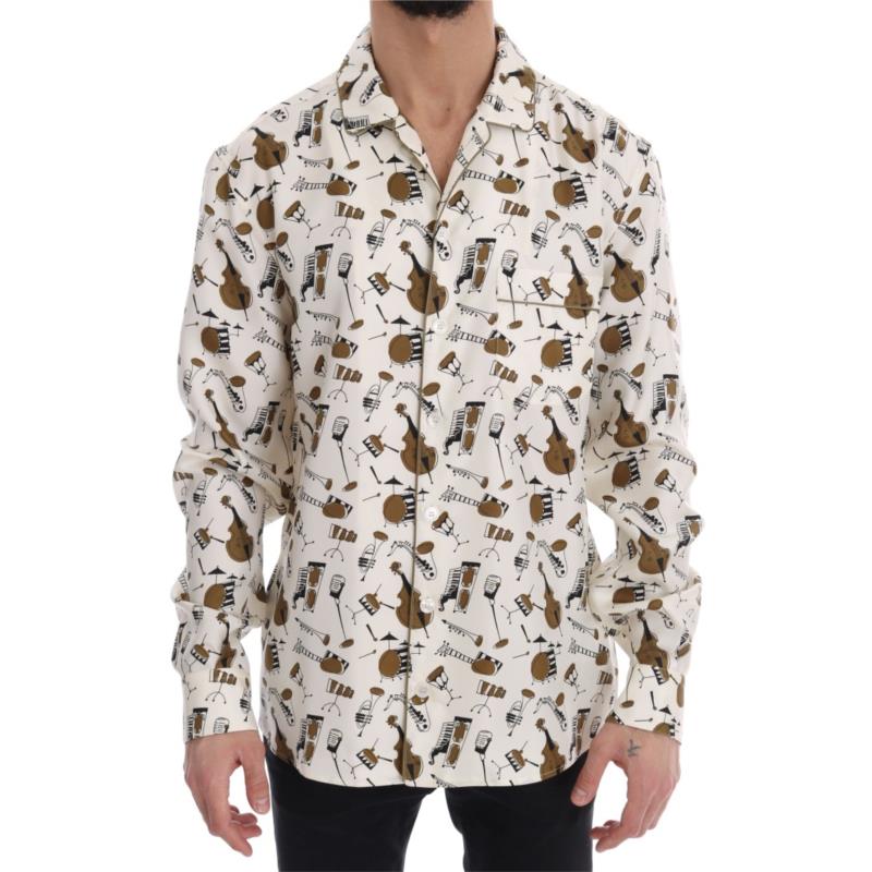 Dolce & Gabbana White Silk JAZZ Motive Print Shirt TSH1815 39