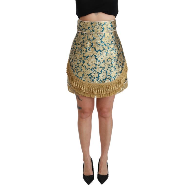 Dolce & Gabbana Blue High Waist Jacquard Tassel Gold Skirt SKI1425-38 7333413011060 IT38