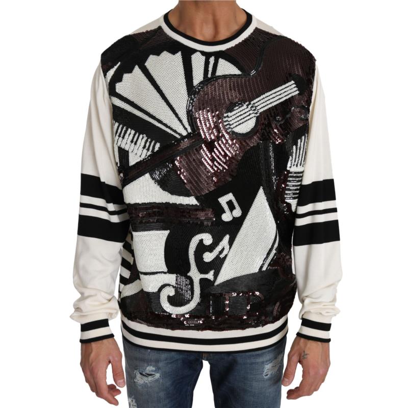 Dolce & Gabbana White Jazz Sequined Guitar Pullover Top Sweater TSH2521-IT44 8057001887521 IT50