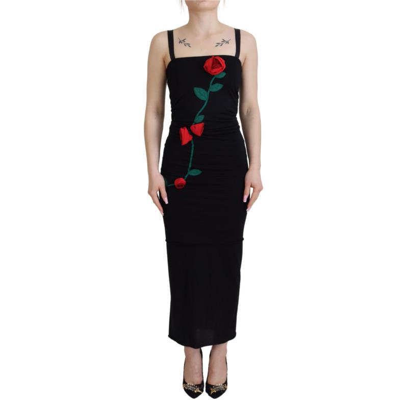Dolce & Gabbana Black Sheath Bodycon Stretch Roses Dress IT46