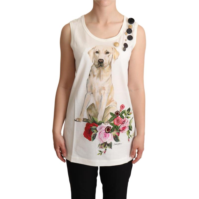 Dolce & Gabbana White Dog Floral Print Embellished T-shirt IT38