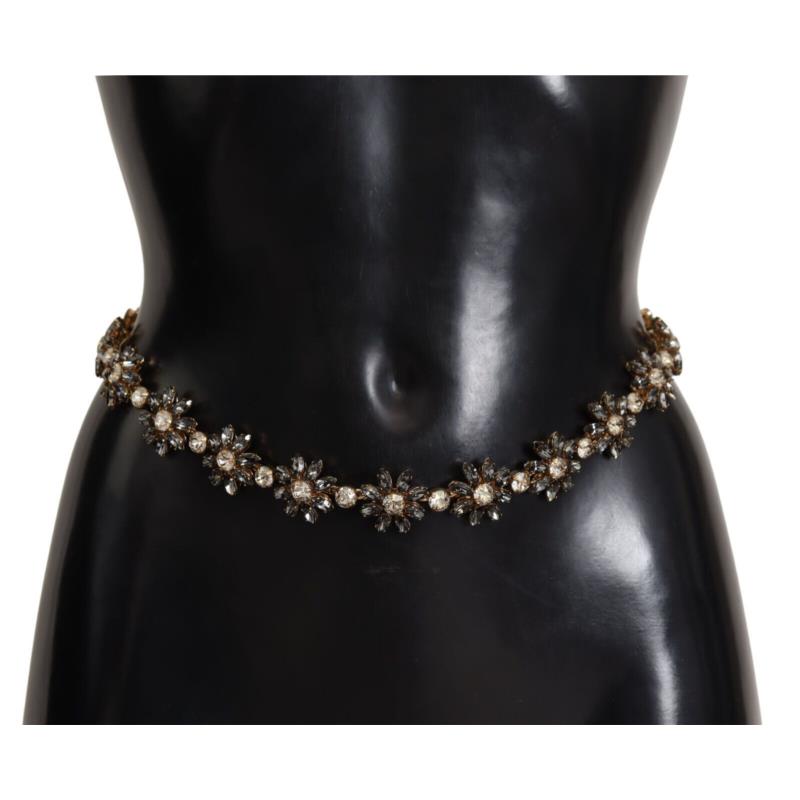 Dolce & Gabbana Black Daisy Crystal Dauphine Texture Belt 85 cm / 34 Inches