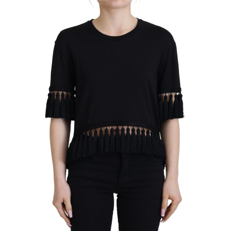 Dolce & Gabbana Black T-shirt Blouse Tassle Cotton Blouse IT40