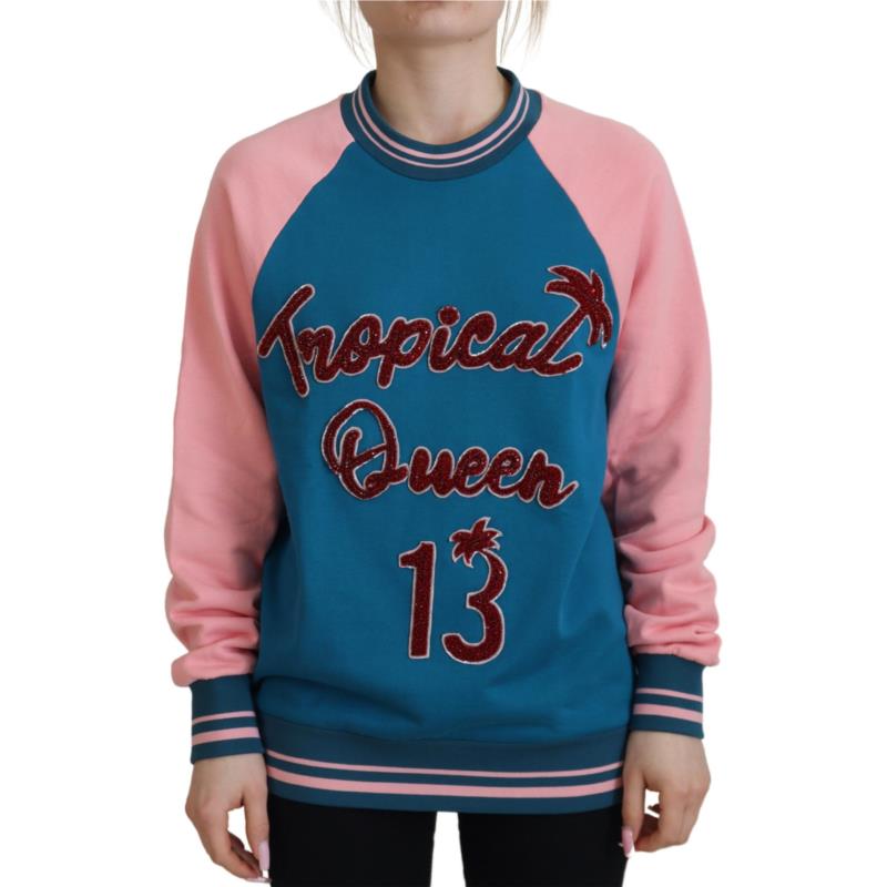 Dolce & Gabbana Blue Pink Queen Sequin Crystal Sweater IT40