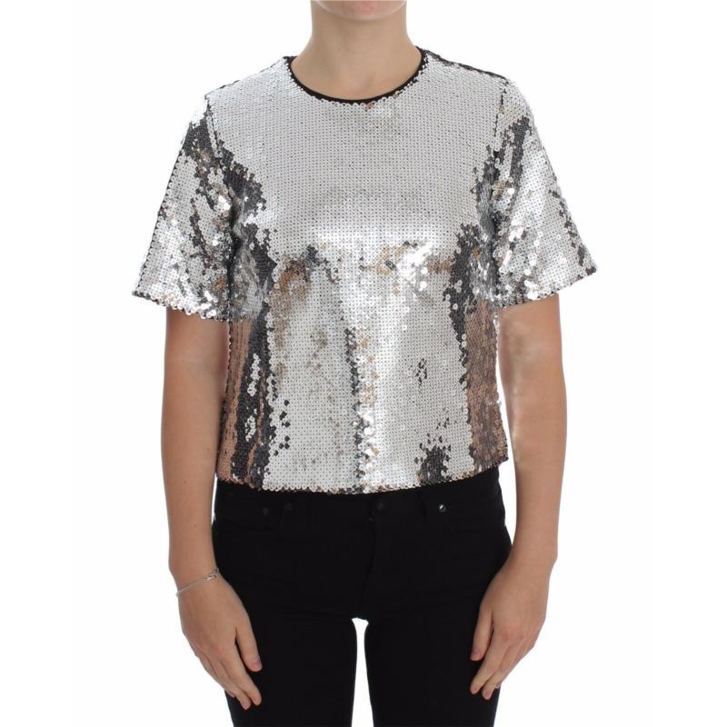 Dolce & Gabbana Silver Sequined Crewneck Blouse T-shirt Top IT40
