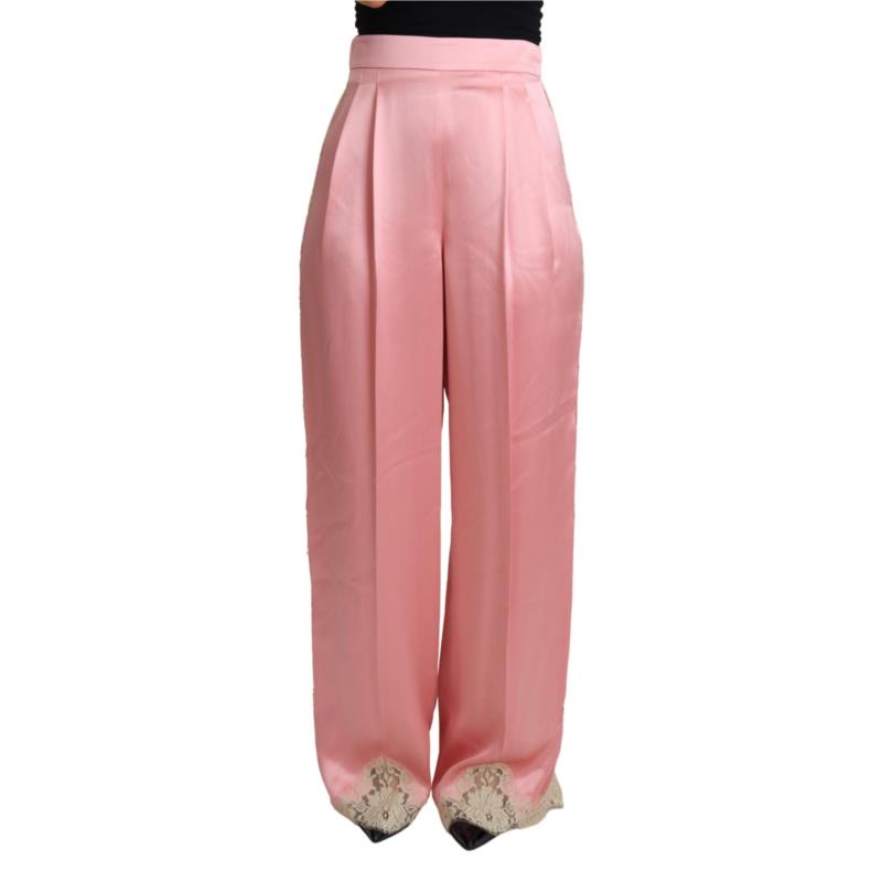 Dolce & Gabbana Pink Lace Trimmed Silk Satin Wide Legs Pants IT42