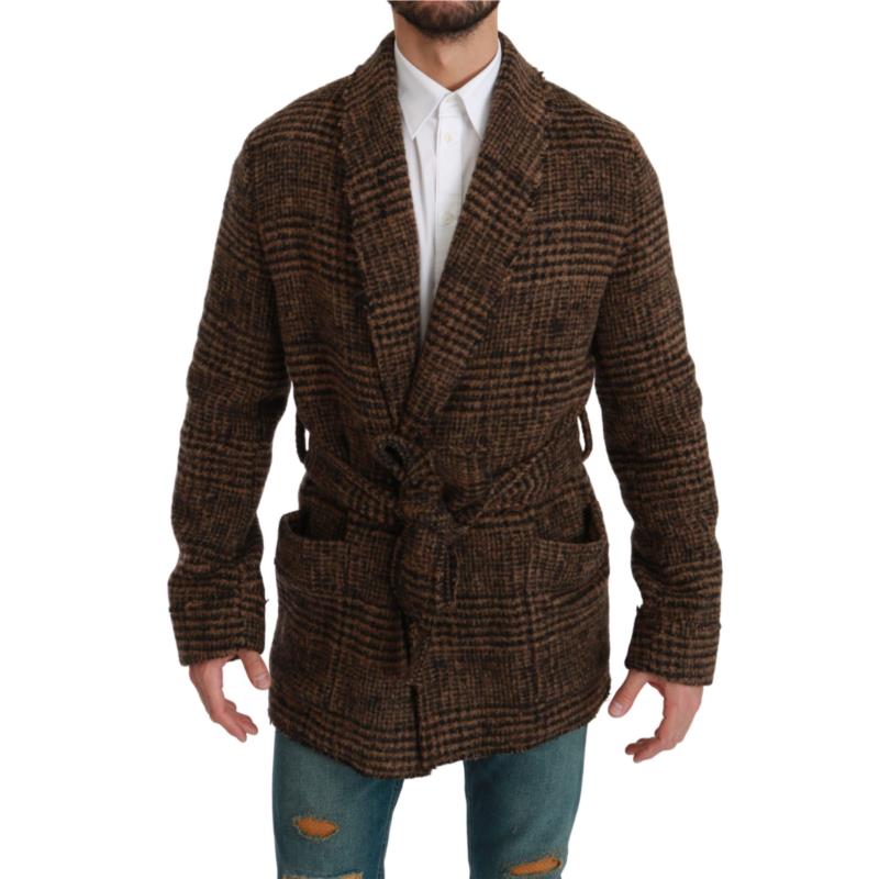 Dolce & Gabbana Brown Checkered Wool Robe Coat Wrap Jacket IT48