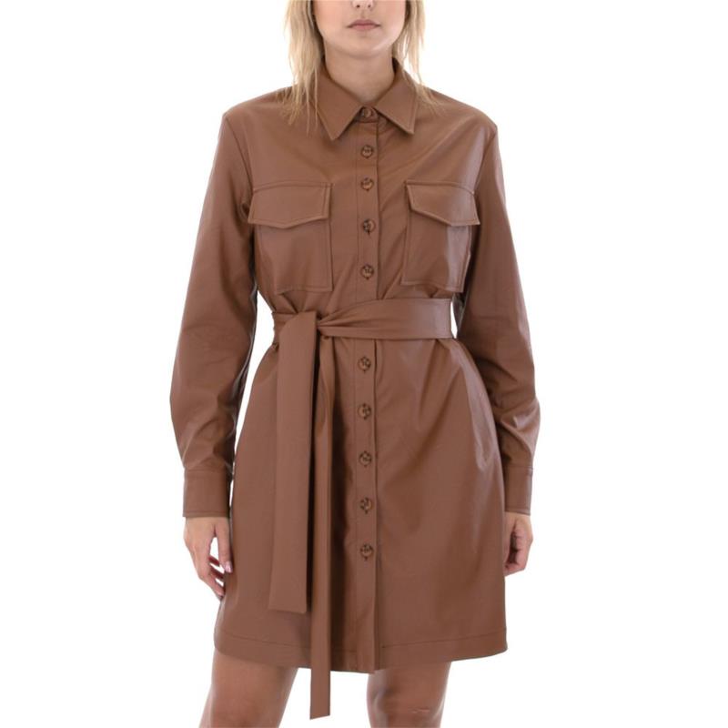 LONGSLEEVE BELTED MINI FAUX LEATHER SHIRT DRESS WOMEN MOUTAKI