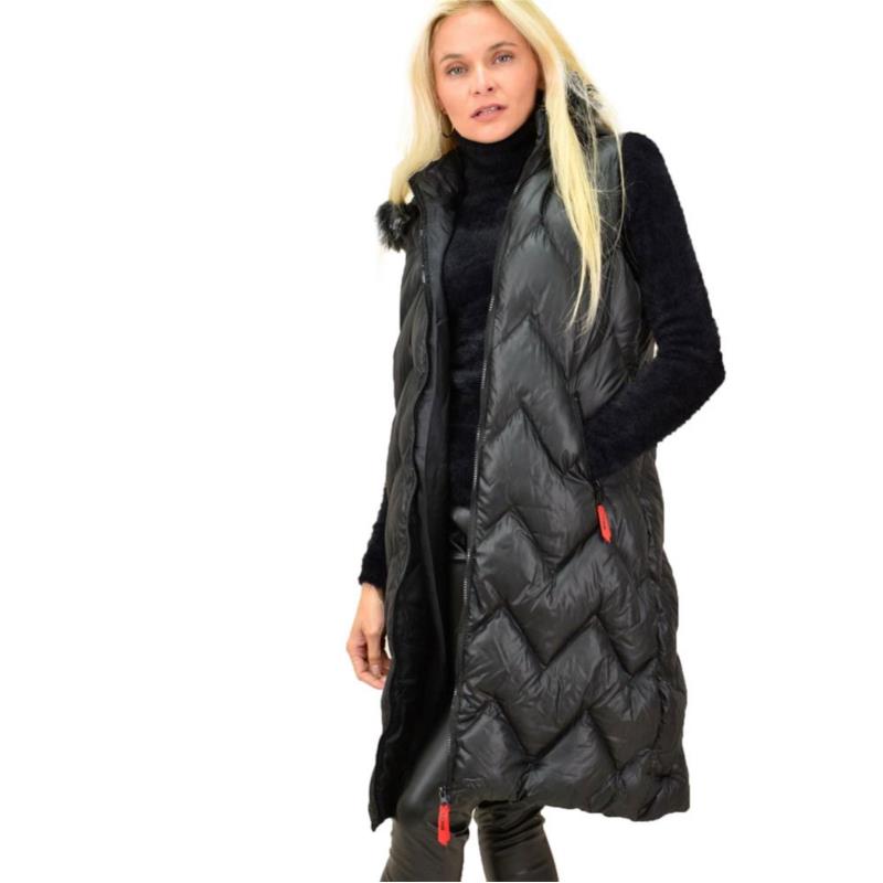 Γυναικείο μπουφάν αμάνικο με γούνα στην κουκούλα Μαύρο 12920