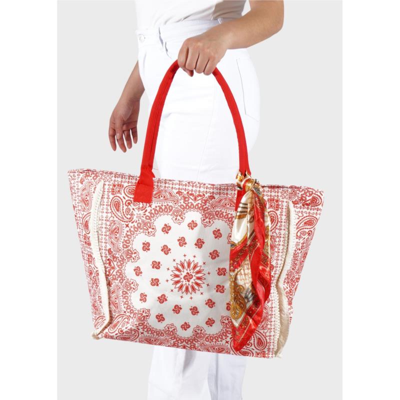 Γυναικεία τσάντα θαλάσσης all print φουλάρι στο λουράκι ΚΟΚΚΙΝΟ