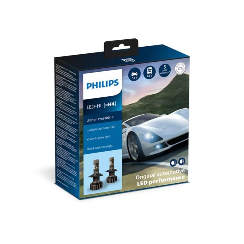 Λάμπες Philips H4 Ultinon Pro9100 Led 12/24V 18W +350% Περισσ. Φως 5800K 2τμχ 11342U91X2