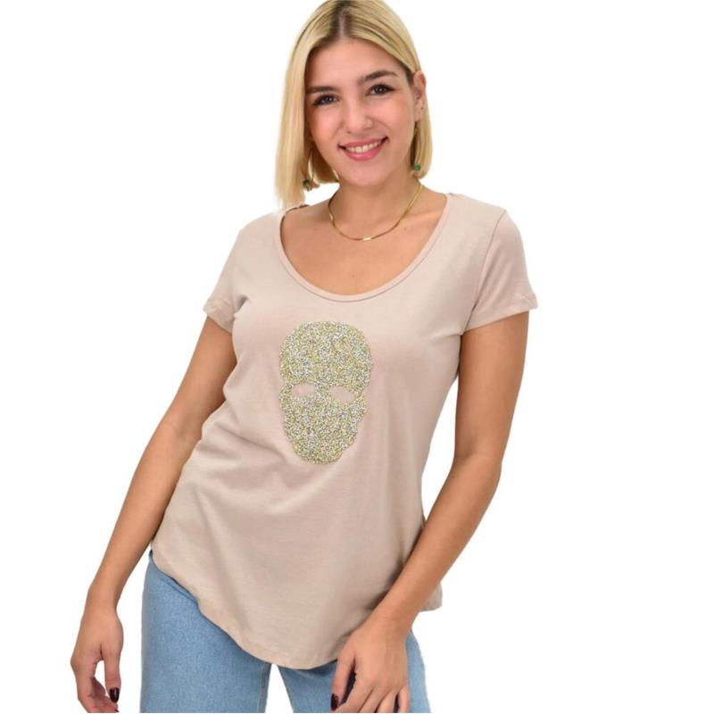 Γυναικεία μπλούζα με σχέδιο και στρας Μπεζ 22258
