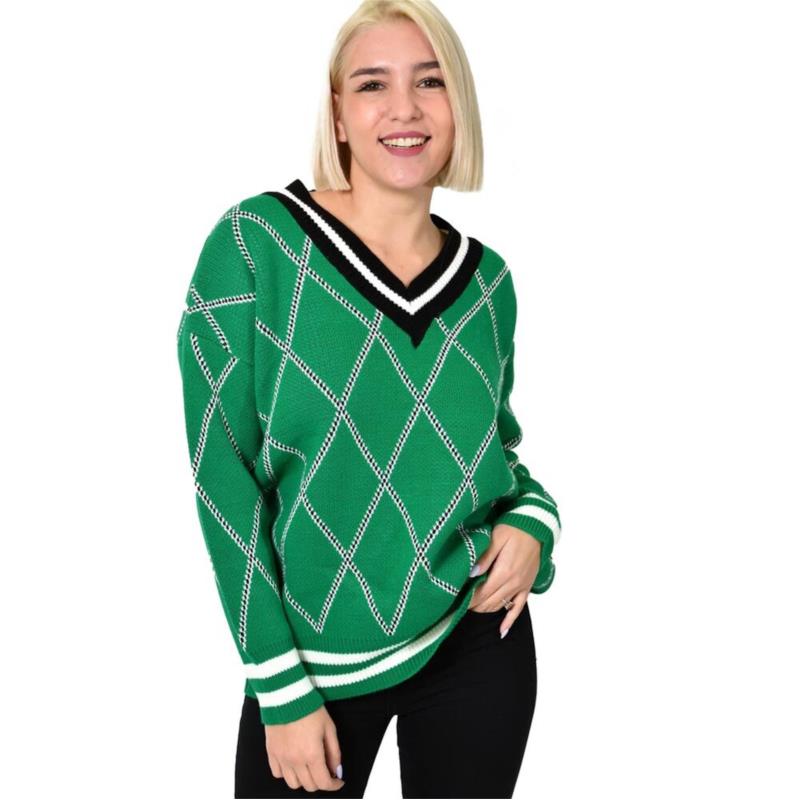 Γυναικείο πουλόβερ με σχέδιο ρόμβους Πράσινο 22521