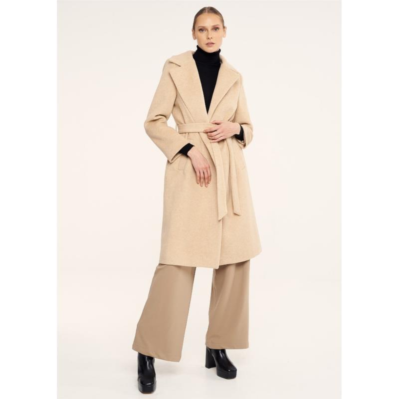 Παλτό με ζώνη και μάλλινη υφή - Camel