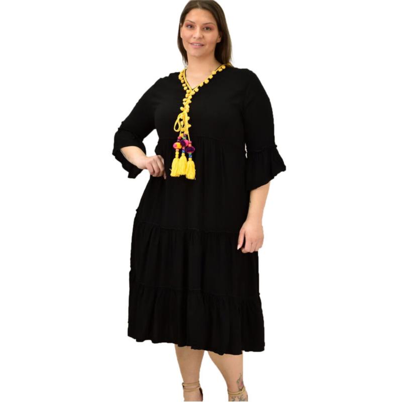 Γυναικείο φόρεμα με πον - πον για μεγάλα μεγέθη Κίτρινο 10738