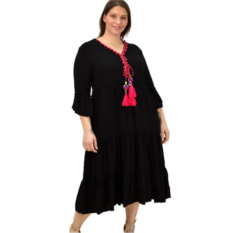 Γυναικείο φόρεμα με πον - πον για μεγάλα μεγέθη Φούξια 10736