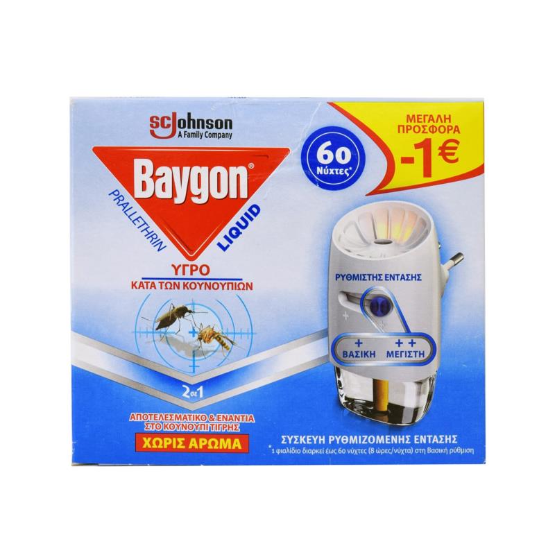Liquid Συσκευή Ρυθμιζόμενης Έντασης 60 Νύχτες -1€ Baygon (3x36ml) τα 3τεμ -3€