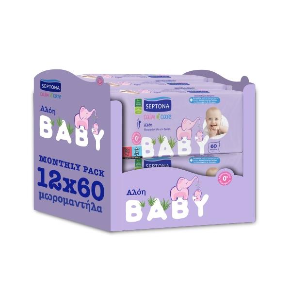 Μωρομάντηλα για Βρέφη με Αλόη Calm n' Care Baby Monthly Pack Septona (12x60τεμ)
