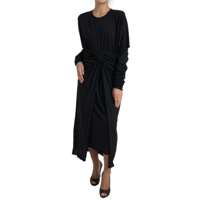 Dolce & Gabbana Black Wool Wrap Sheath Midi Gown Dress DR28895 IT44