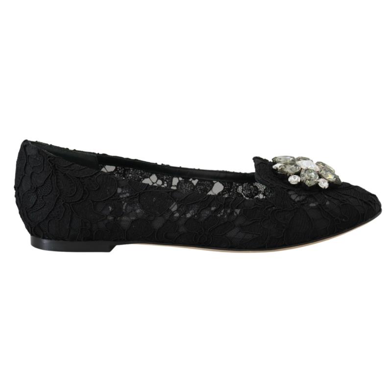 Dolce & Gabbana Black Taormina Lace Crystals Flats Shoes LA10200 EU35/US4.5