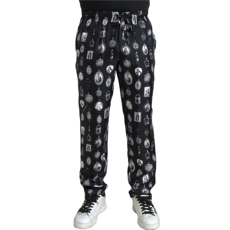 Dolce & Gabbana Black Religious Print Joggers Silk Men Pants PAN74846# IT50