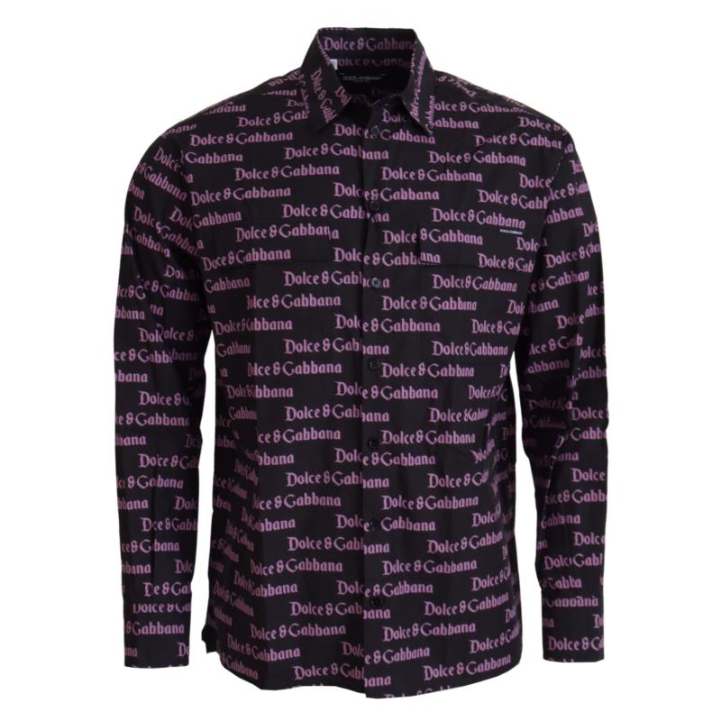 Dolce & Gabbana Black Purple Logo Slim Dress Formal Shirt TSH83560- 39 7333413003478 IT39