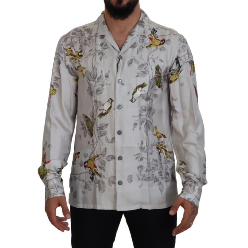 Dolce & Gabbana White Bird Print Silk Satin Casual Shirt TSH83568 IT4