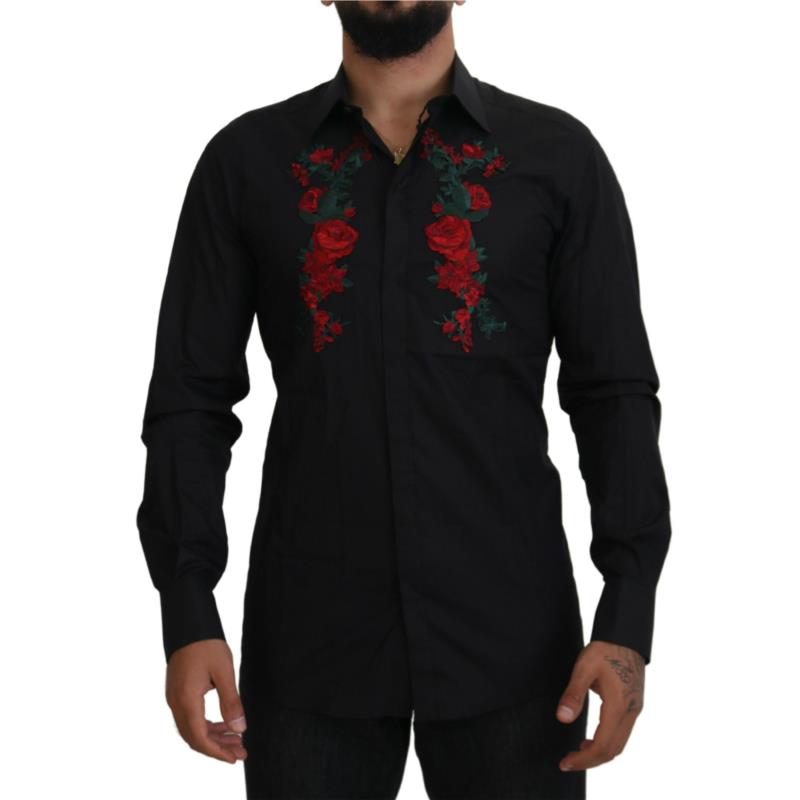 Dolce & Gabbana Black Floral Embroidery Men Long Sleeves GOLD Shirt TSH84058 IT39