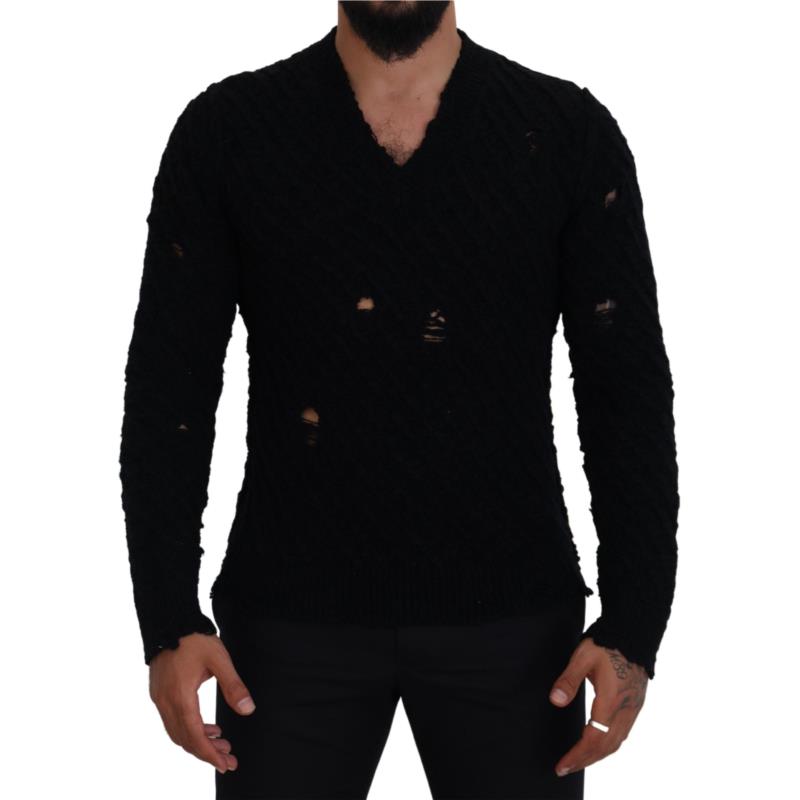 Dolce & Gabbana Black Wool V-neck Knitted Pullover Sweater TSH83648 IT54