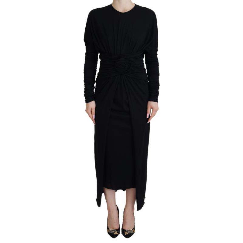 Dolce & Gabbana Black Sheath Midi Gown Wool Wrap Dress DR28808 IT44