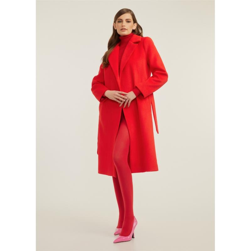 Παλτό με ζώνη και μάλλινη υφή - Κόκκινο