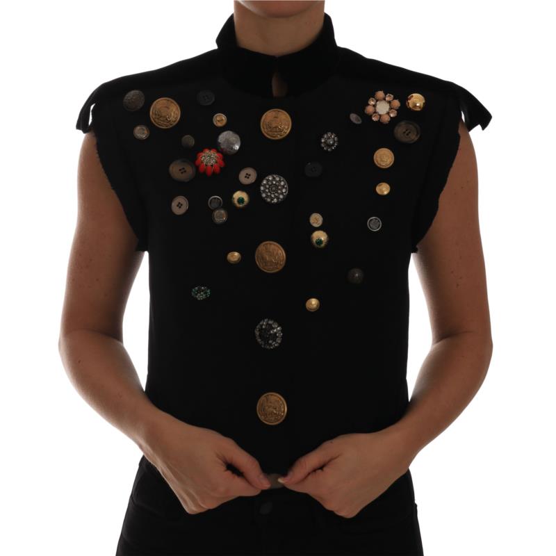 Dolce & Gabbana Black Embellished Floral Military Jacket Vest TSH2410 IT40