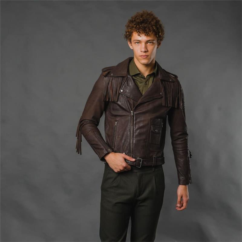Fashionable Perfecto Jacket Καφέ Με Κρόσια 100% Leather (Modern Fit)