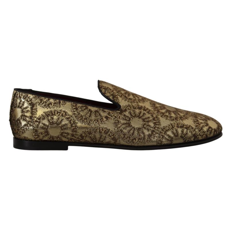 Dolce & Gabbana Gold Jacquard Flats Mens Loafers Shoes EU43/US10
