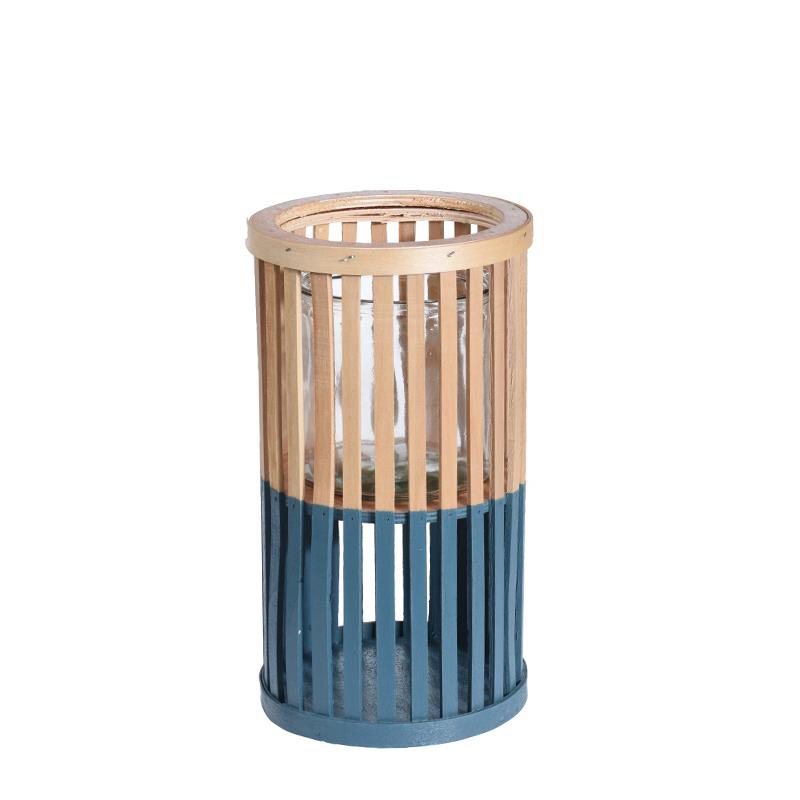 ZAROS Ξύλινο κυλινδρικό φανάρι σε φυσικό/μπλε χρώμα Φ16x30cm HM861
