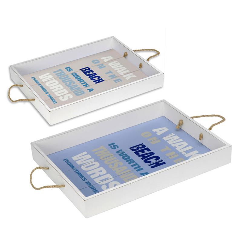 ZAROS Σετ των 2 Ξύλινος Δίσκος Σερβιρίσματος με Σχοινί & Summer Print Λευκός/Μπλέ PK147