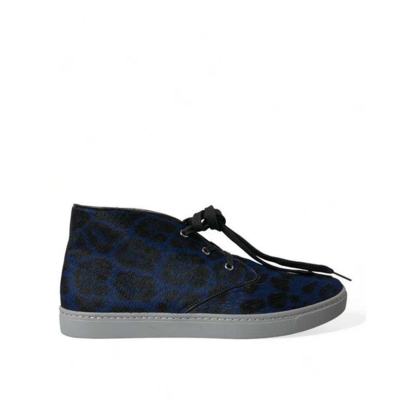 Dolce & Gabbana Blue Calfskin Leopard Mid Top Sneakers Shoes EU40/US7