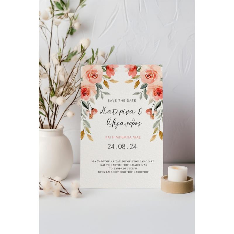 Προσκλητήρια Γάμου Βάπτισης με σχέδιο Κλασσικά Λουλούδια