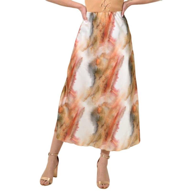 Midi φούστα σατέν με σχέδιο Πορτοκαλί 23527
