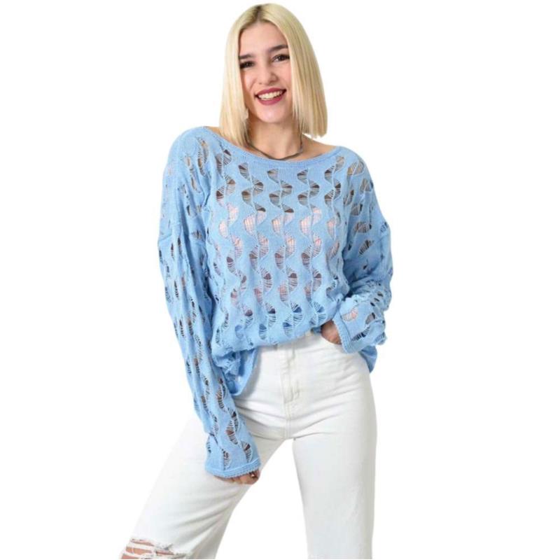 Γυναικεία πλεκτή μπλούζα με διάτρητο σχέδιο Γαλάζιο 23465