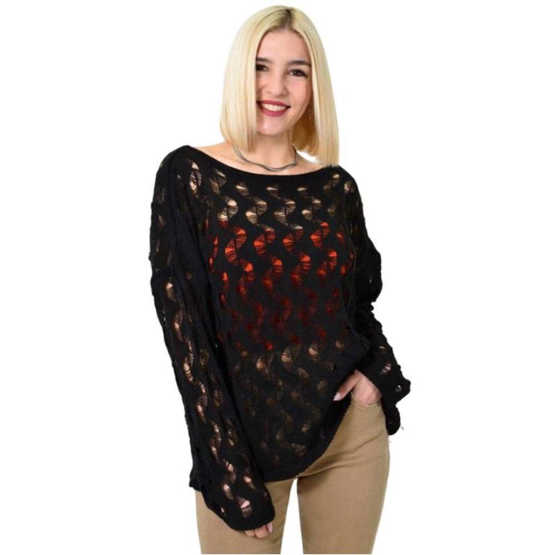 Γυναικεία πλεκτή μπλούζα με διάτρητο σχέδιο Μαύρο 23467